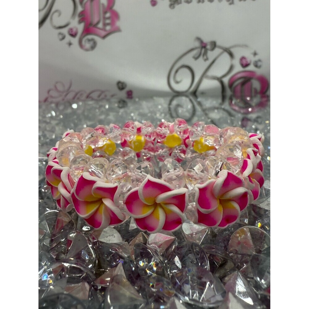 Bracelet anklet Pink & Yellow Plumeria Flower Stretch Bracelet - Women Jewelry
